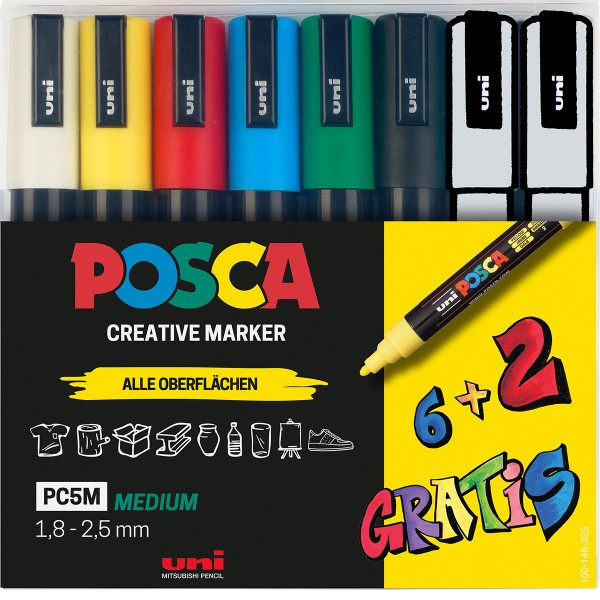 Uni Posca "PC-5M" Marker 6er Set +2 Gratis (1,8-2,5mm)