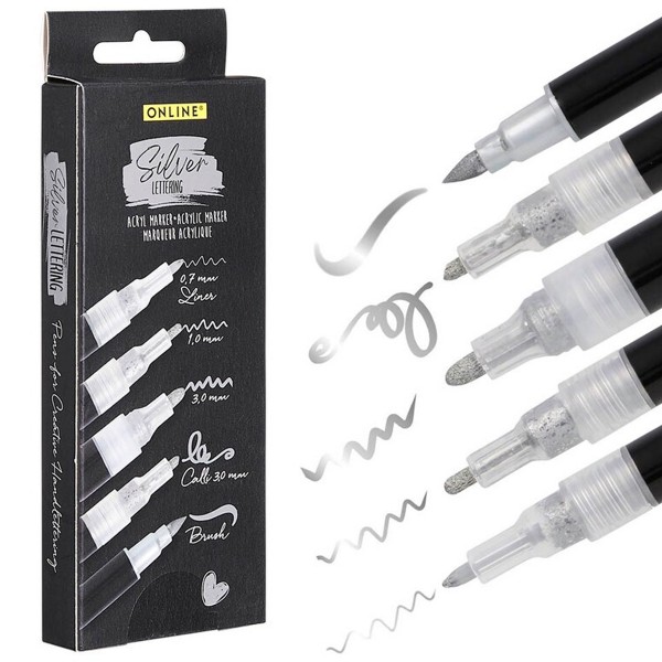 Online "Silver Lettering" Acrylmarker 5er Set (0,7-3mm)