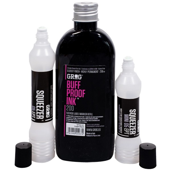 Grog "Buff Proof Ink (200ml) + Squeezer Small Refill Set - Black"