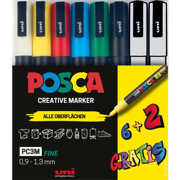 Uni Posca "PC-3M" Marker 6er Set +2 Gratis (0,9-1,3mm)