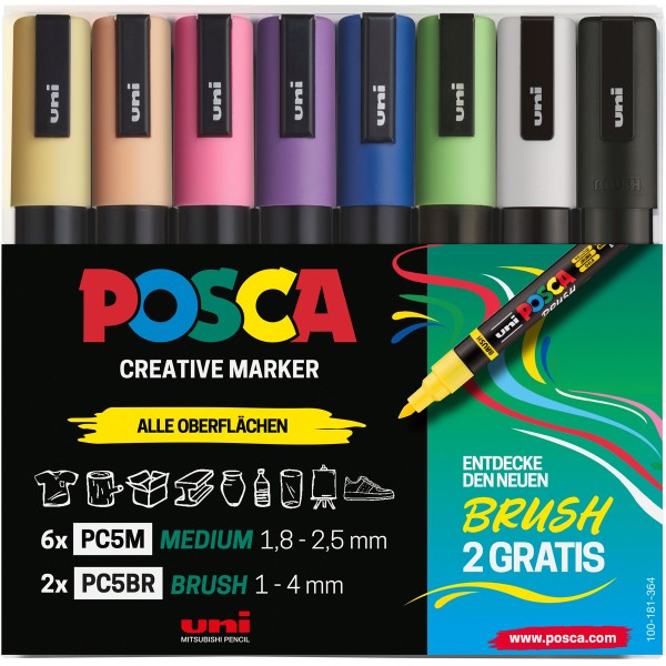 Uni Posca "PC-5M/5BR" Marker 6+2 Aktion-Set (1-4mm)