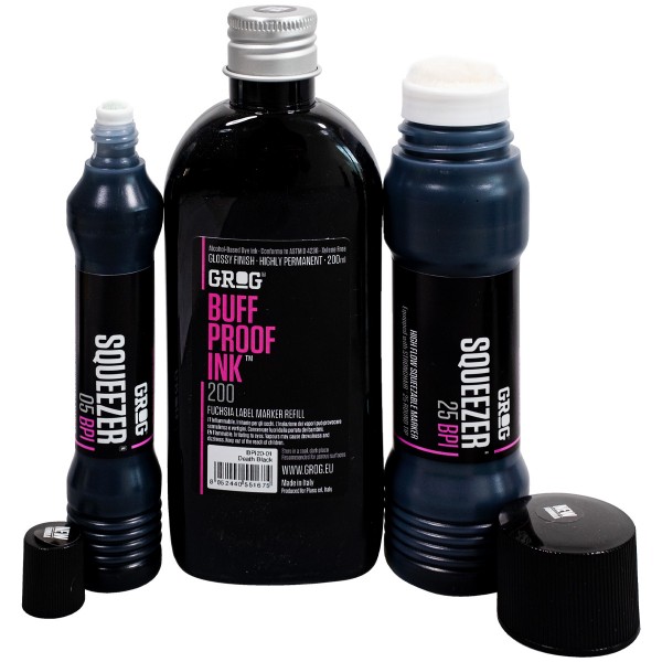 Grog "Buff Proof Ink (200ml) + Medium BPI Squeezer Set - Black"