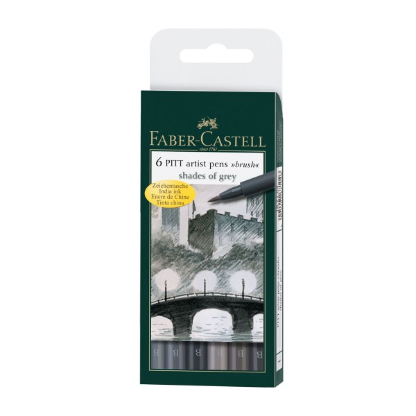 Faber-Castell "Pitt Artist Pen B (Brush)" Tuschestift 6er Set - Shades of Grey