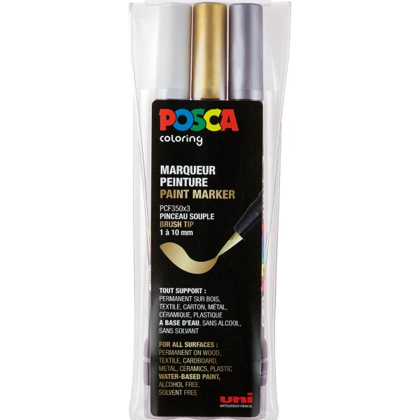 Uni Posca "PCF-350" Brush Marker 3er Set - Metallic