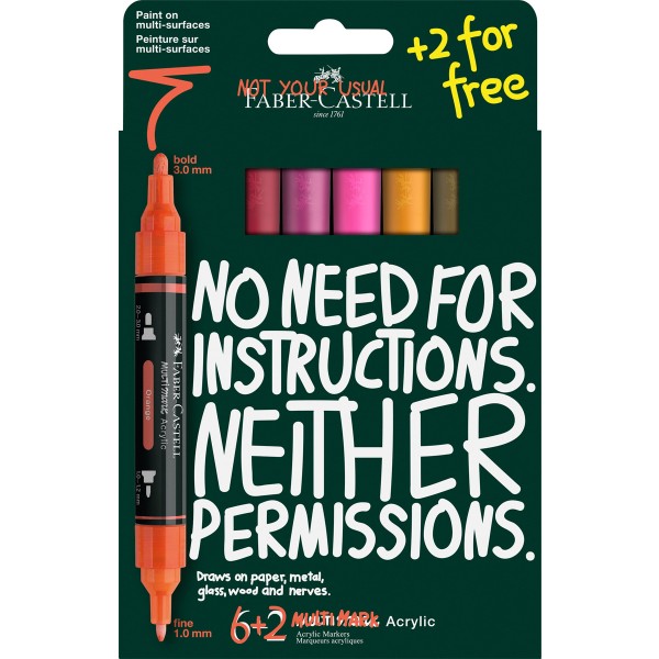 Faber-Castell "Multimark" Acrylic Twin Marker 6+2er Set (1-3mm) Flame Colors