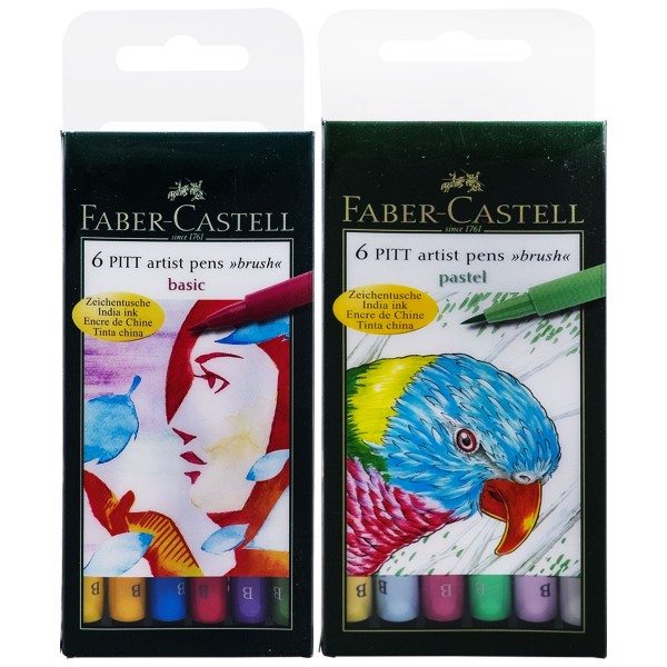 Faber-Castell "Pitt Artist Pen B (Brush)" Tuschestift 2x6er Set - Basic & Pastel